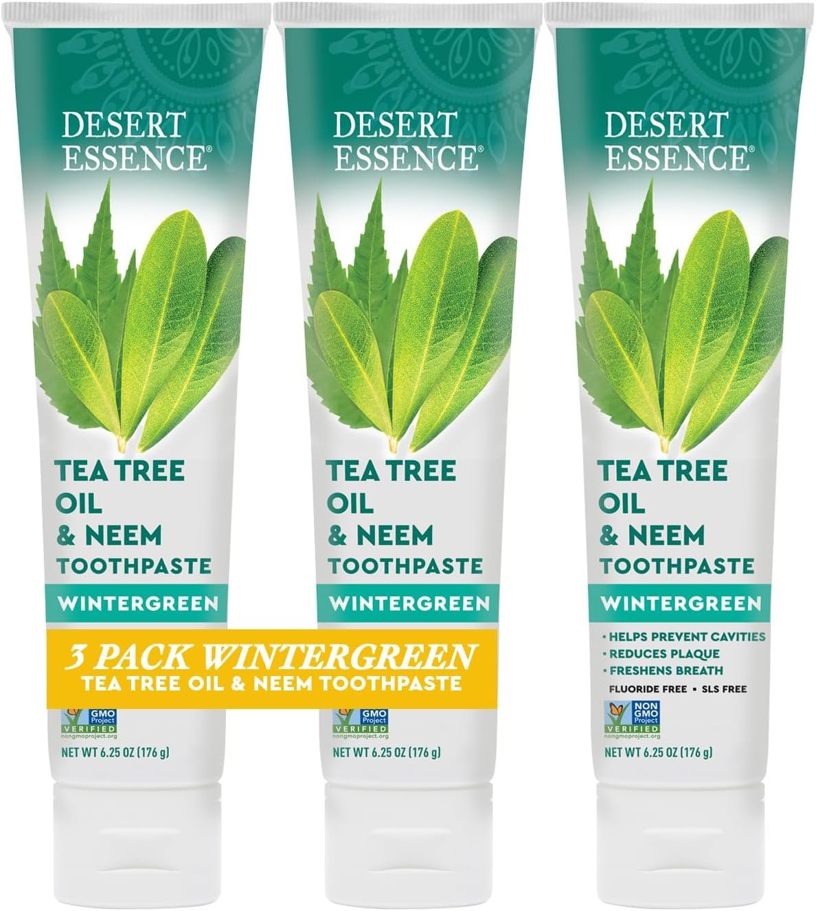 Desert Essence Natural Tea Tree Oil and Neem Toothpaste, Wintergreen,6.25 Oz, Pack of 3
