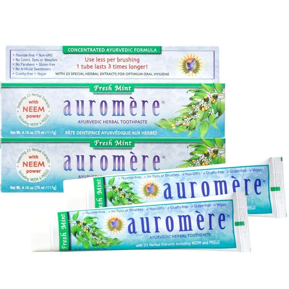 Auromere Ayurvedic Herbal Toothpaste, Fresh Mint – Vegan, Natural, Non GMO, Flouride Free, Gluten Free, with Neem & Peelu (4.16 oz), 2 Pack