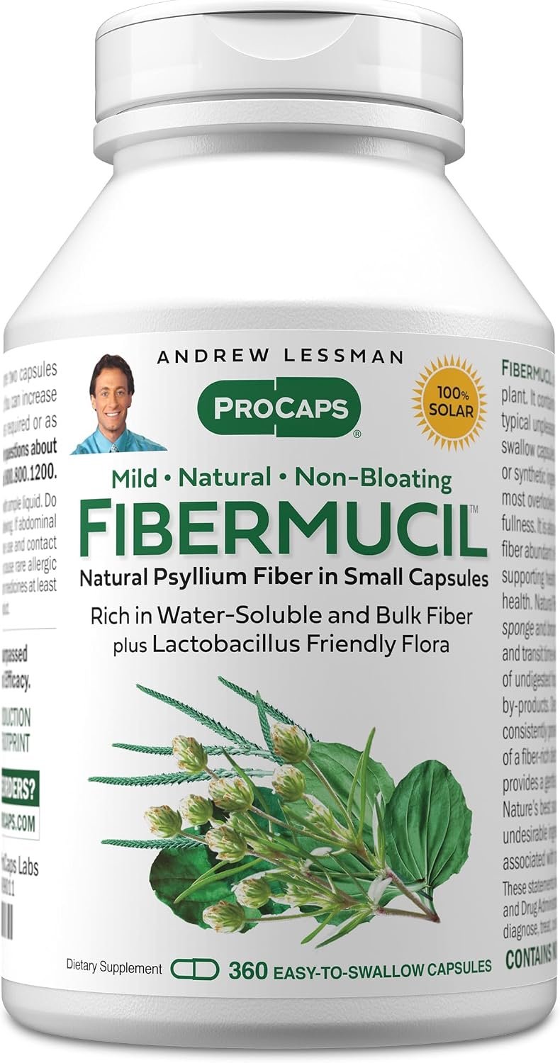 ANDREW LESSMAN Fibermucil 360 Capsules -Psyllium Husk Powder. Gently Promotes Regularity and Digestive Health. Rich in Fiber. Gentle, Easy, Effective. No Additives. Small Easy to Swallow Capsules