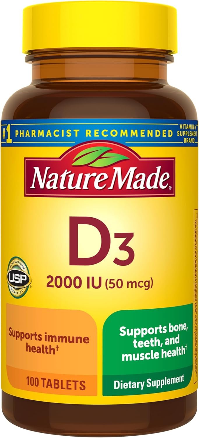 Nature Made Vitamin D3 2000 IU (50 mcg), Vitamin D Supplement for Bone, Teeth, Muscle and Immune Health Support, 100 Tablets, 100 Day Supply