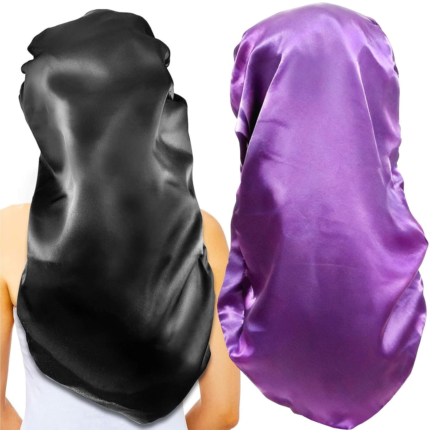 2Pcs Long Satin Bonnet Sleep Caps,Extra Large Braids Bonnets for Sleeping,Long Hair,Soft&Comfortable Elastic Band Bonnets for Women Night Sleep,Hair Bonnets for Women, Black and Purple