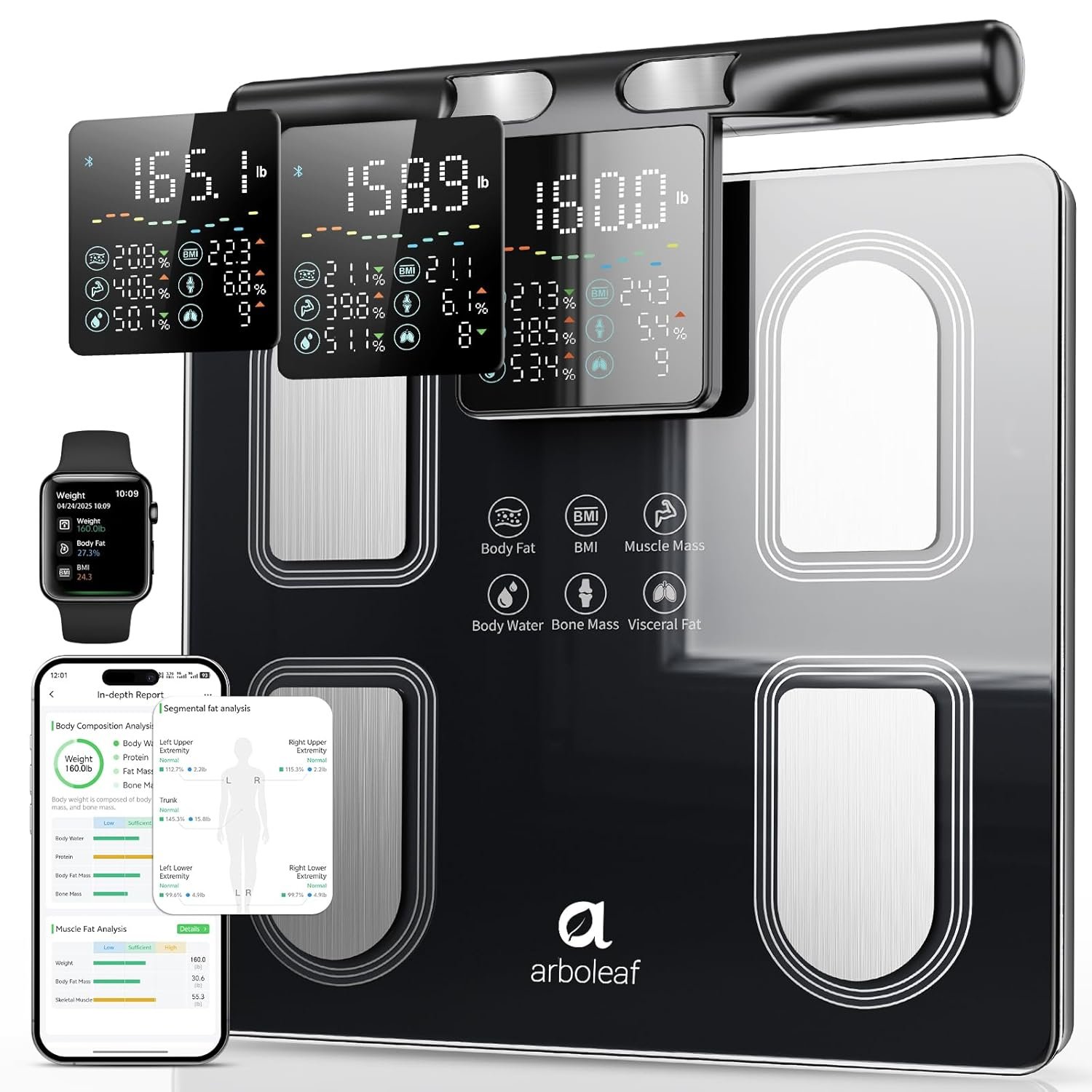 Arboleaf Smart Scale with Handle Display – 8-Electrode Body Pod Fat Scale, 50+ Metrics (BMI, Muscle, Visceral Fat), Bluetooth Scale for Body Weight, Unlimited Users, Home & Gym 400lbs, Black