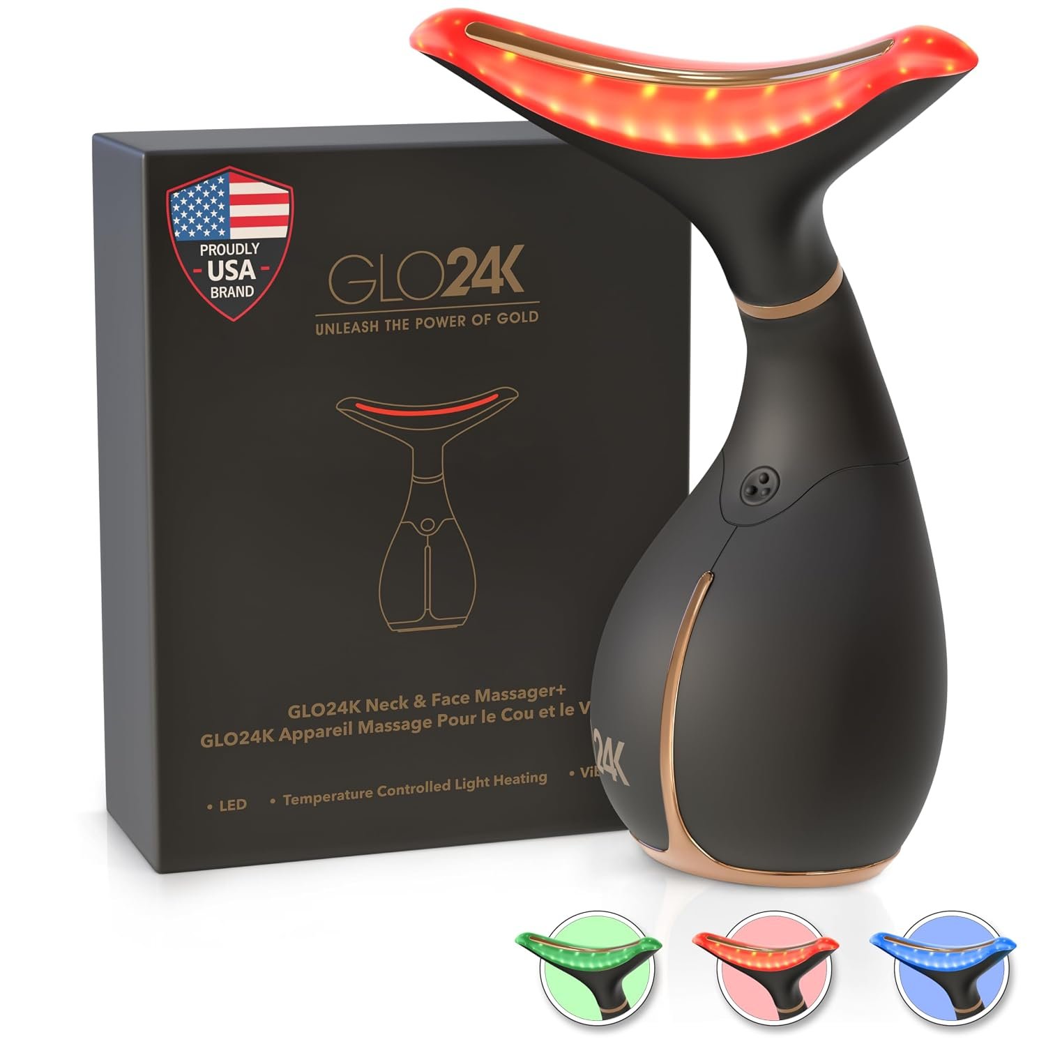 GLO24K LED Facial Massager for Face & Neck – Beauty Wand with LED Light, Vibration & Warm Massage – Cosmetic Skincare Tool