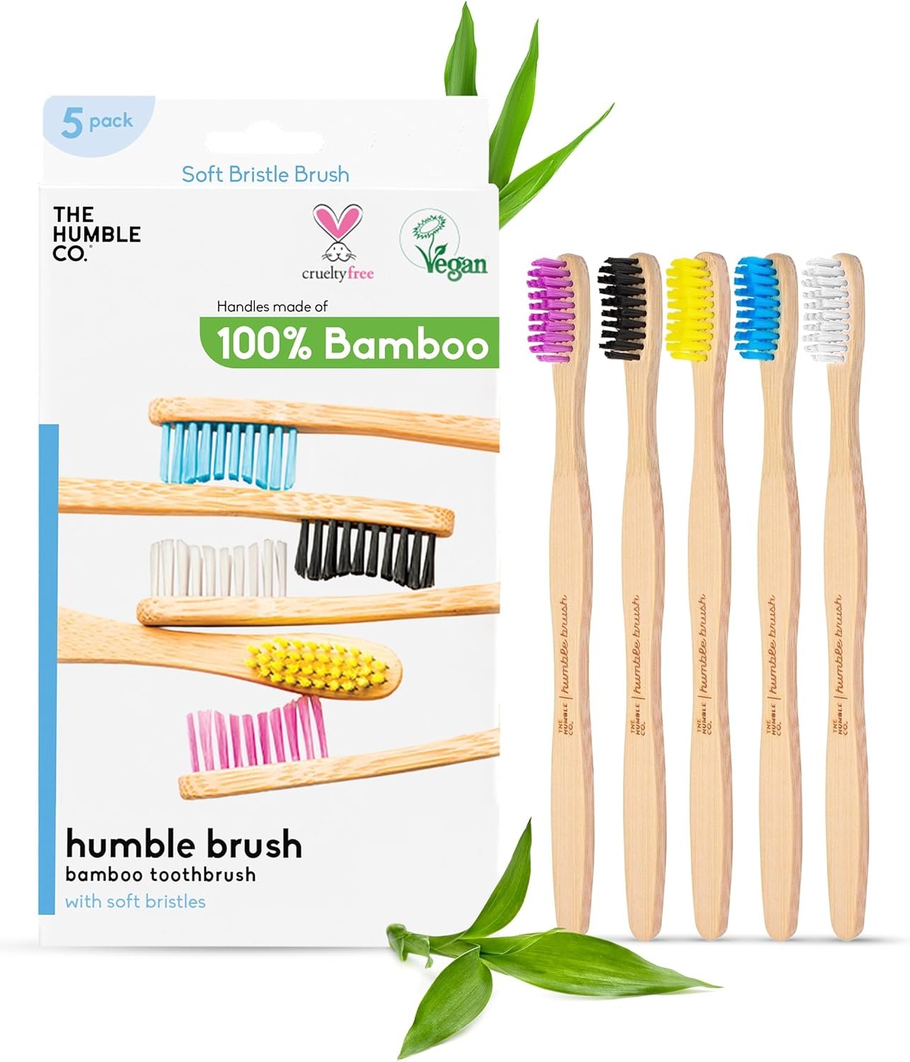 The Humble Co Bamboo Toothbrushes, 5 Pack – Soft Bristles Natural Bamboo Toothbrush – BPA Free Soft Bristles for Sensitive Gums – Non-Toxic & Plastic Free Handle – Dental Oral Care & Hygiene