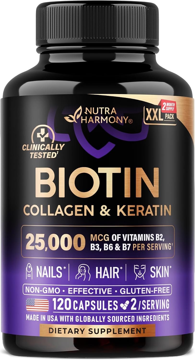 Biotin | Collagen | Hyaluronic Acid | Keratin – Support Normal Hair Growth Cycle, Skin & Nails – Clinically Tested – 25000mcg Vitamins B1, B2, B3, B6 & B7 – for Women & Men – 120 Capsules