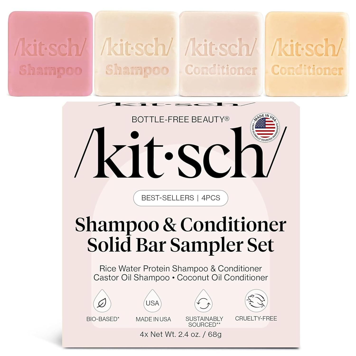 Kitsch Shampoo and Conditioner Set – 4pc Sampler Bars with Rice Water Shampoo and Conditioner, Castor Oil Shampoo & Coconut Oil Conditioner – Bottle-Free Beauty for Hair Growth, Repair & Moisture