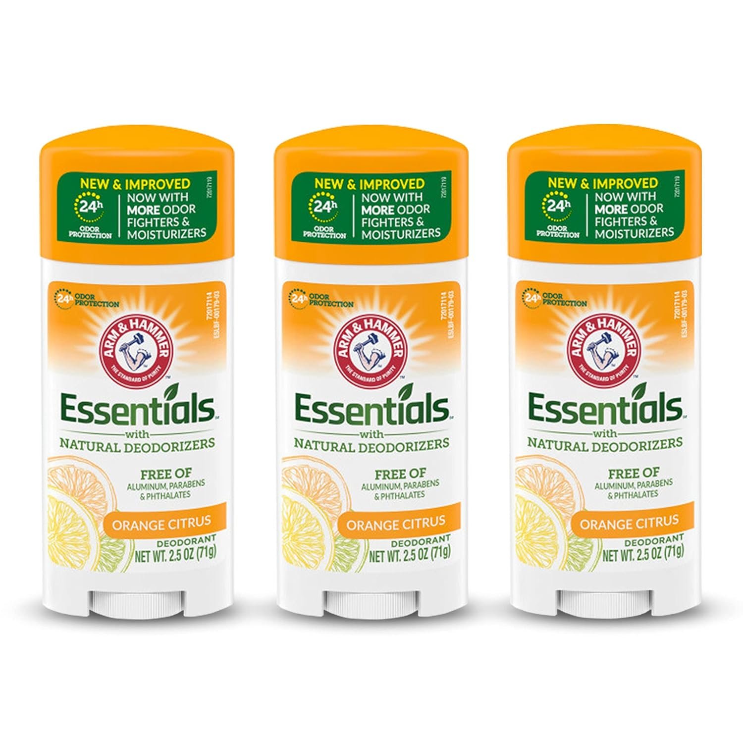 ARM & HAMMER Essentials Deodorant- Orange Citrus- Solid Oval – Made with Natural Deodorizers- Free From Aluminum, Parabens & Phthalates, 2.5 oz (Pack of 3)
