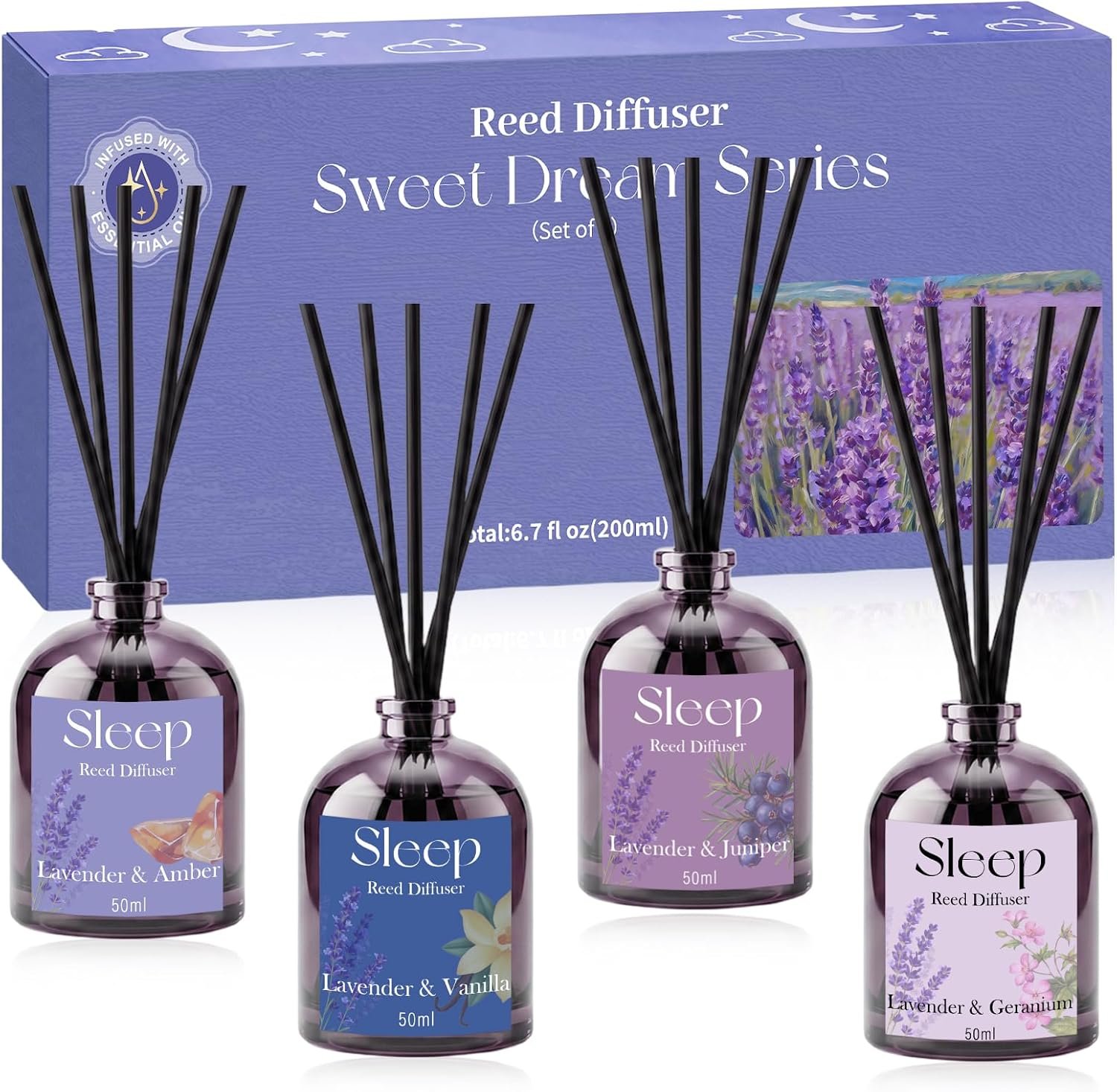 STRN Reed Diffuser Sets, Lavender Scented Oil Diffuser, Summer Fragrance Reed Diffuser with 24 Sticks, 200ml(6.8 Fl.oz), 4 Scents Long-Lasting Air Freshener for Bedroom Bathroom Home Décor