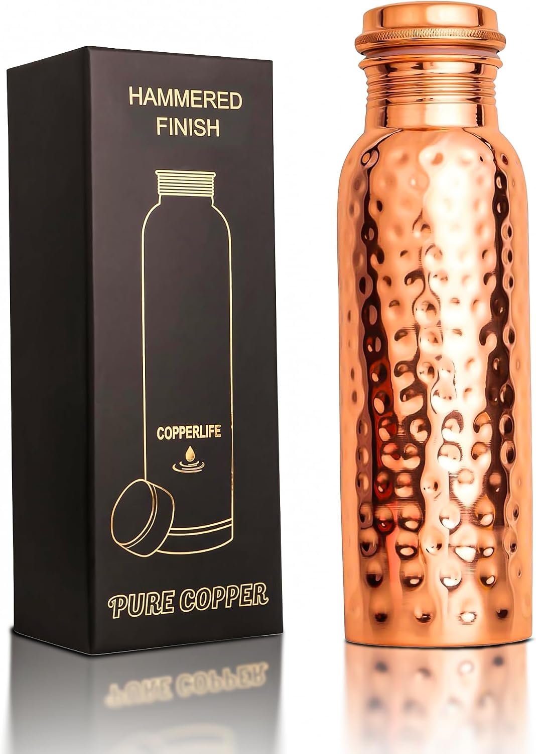 Copper Water Bottle 34 Ounces | 100% Pure Copper For Ayurveda Health Benifit | Hammered Design Handmade For Drinking Water | Tested Leak Proof Lid