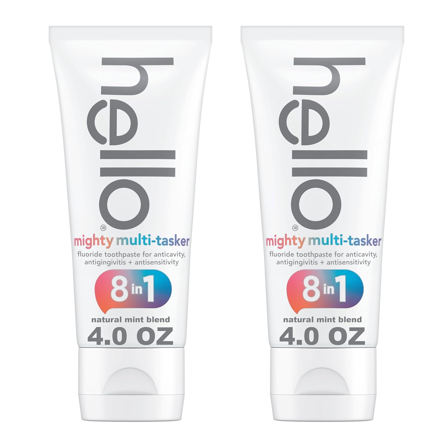 hello 8 in 1 Mighty Multi-Tasker Fluoride Toothpaste Pack, SLS Free Toothpaste with Fluoride, Antigingivitis and Antisensitivity, Natural Mint Blend, 2 Count, 4.0 oz Tubes