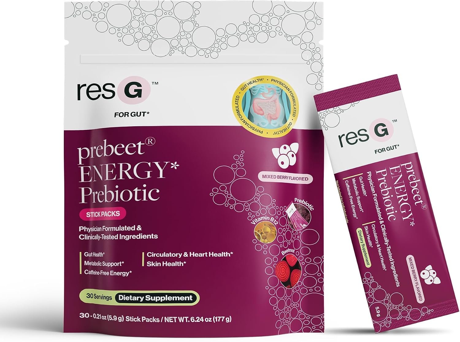 resG prebeet Prebiotic – Fiber Digestion Supplement, Drinkable, Powder Packets for Women & Men, On the Go Gut Health Drink Mix, Gluten Free, Sugar Free – 30 Stick Packs