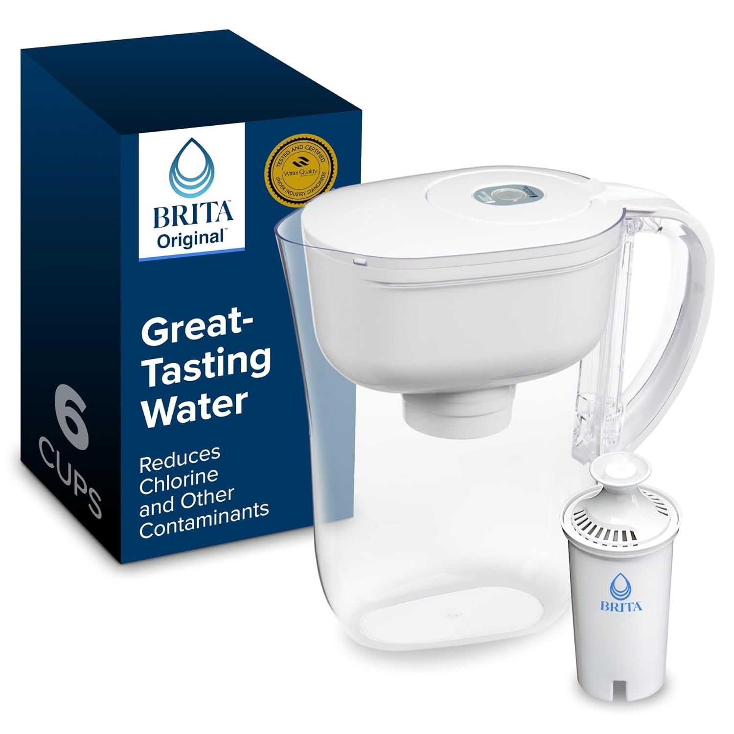 Brita Metro Small 6-Cup Water Filter Pitcher, WQA NSF/ANSI Certified, Mini-Fridge Friendly, Removes Chlorine Taste & Odor, Reduces Zinc, Copper & Mercury, 1 Standard Filter, Lasts 2 Months, White
