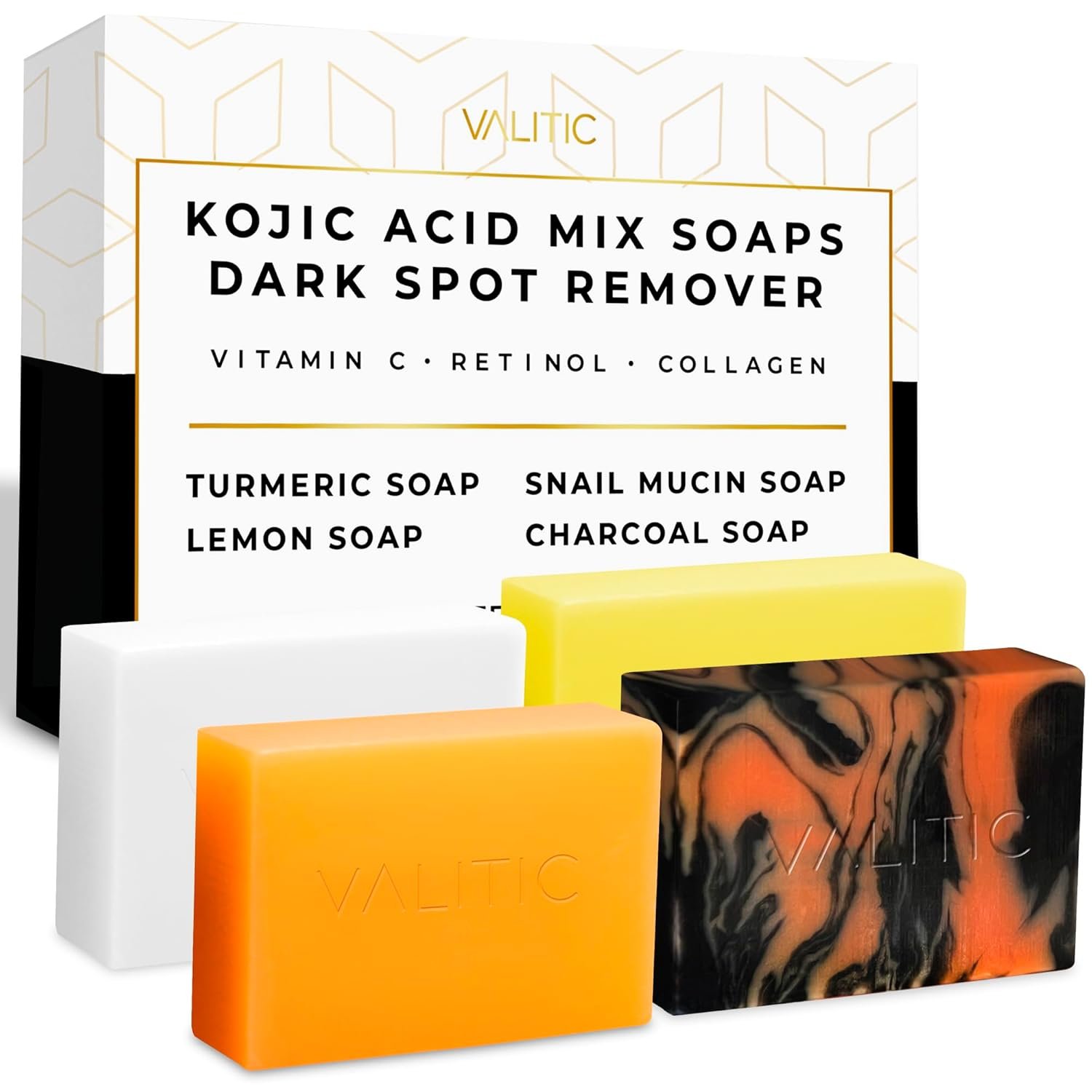 VALITIC Kojic Acid Soap Bars – Turmeric, Snail Mucin, Charcoal and Lemon – Holiday Skin Care Beauty Set Gift 4 Assorted Dark Spot Remover Soaps with Hyaluronic Acid, Vitamin C, Vitamin E, Shea Butter