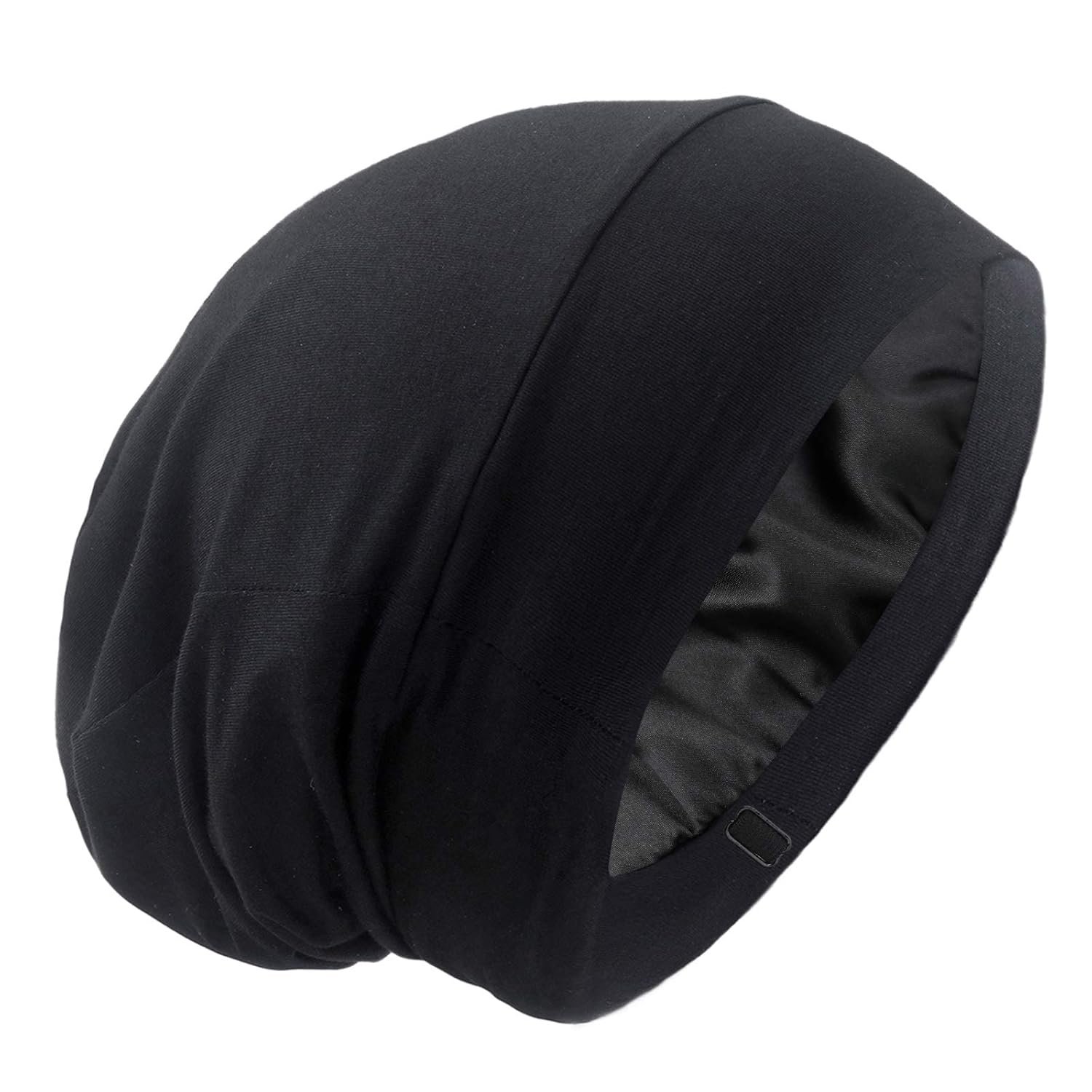 Silk Satin Lined Bonnet Sleep Cap – Adjustable Stay on All Night Hair Wrap Cover Slouchy Beanie for Curly Protection Women and Men Solid Black