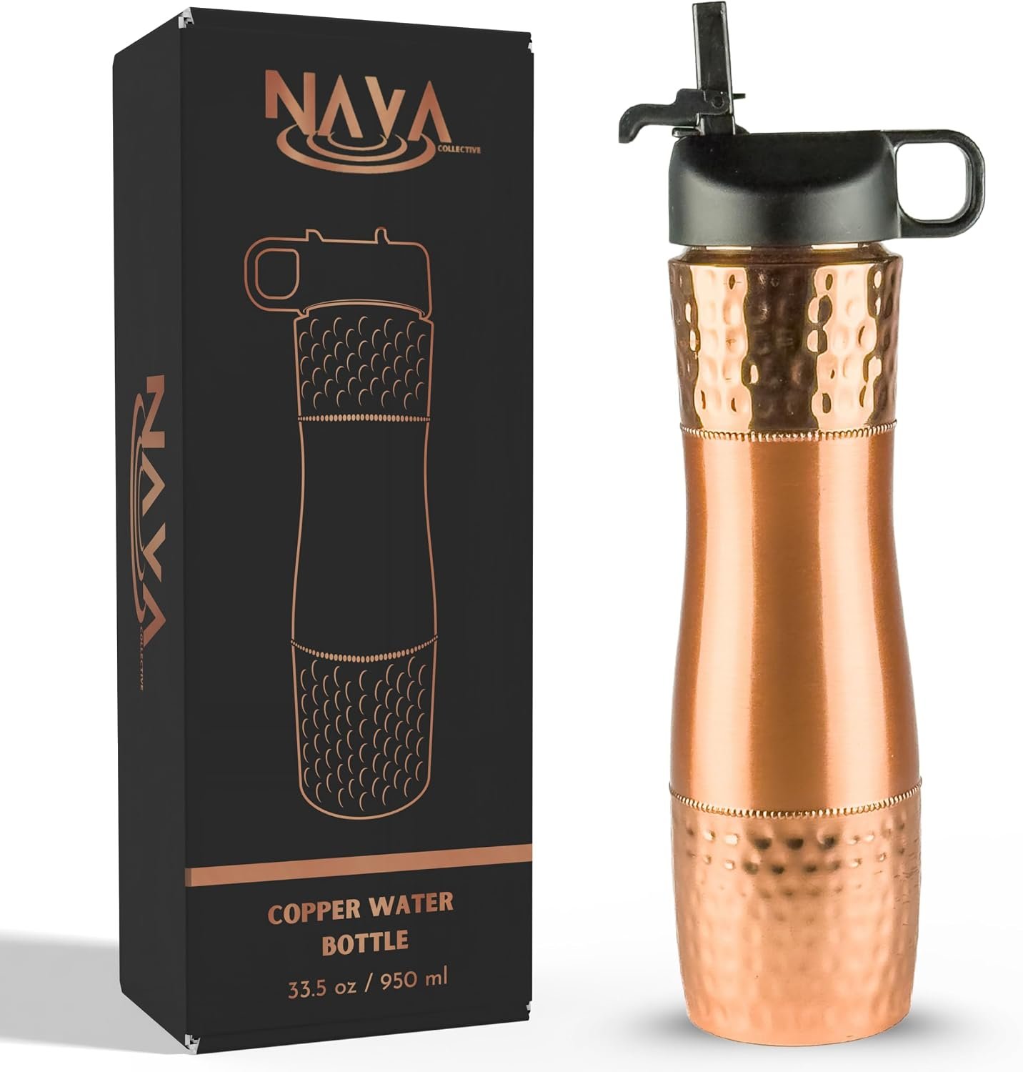 Pure Copper Water Bottle For Drinking Water with Straw and Sports Lid 33.5oz / 950ml Ayurveda Copper Bottle for Ayurvedic Health Benefits, Leak-Proof Split Hammered Design Vessel, Drink Water Daily