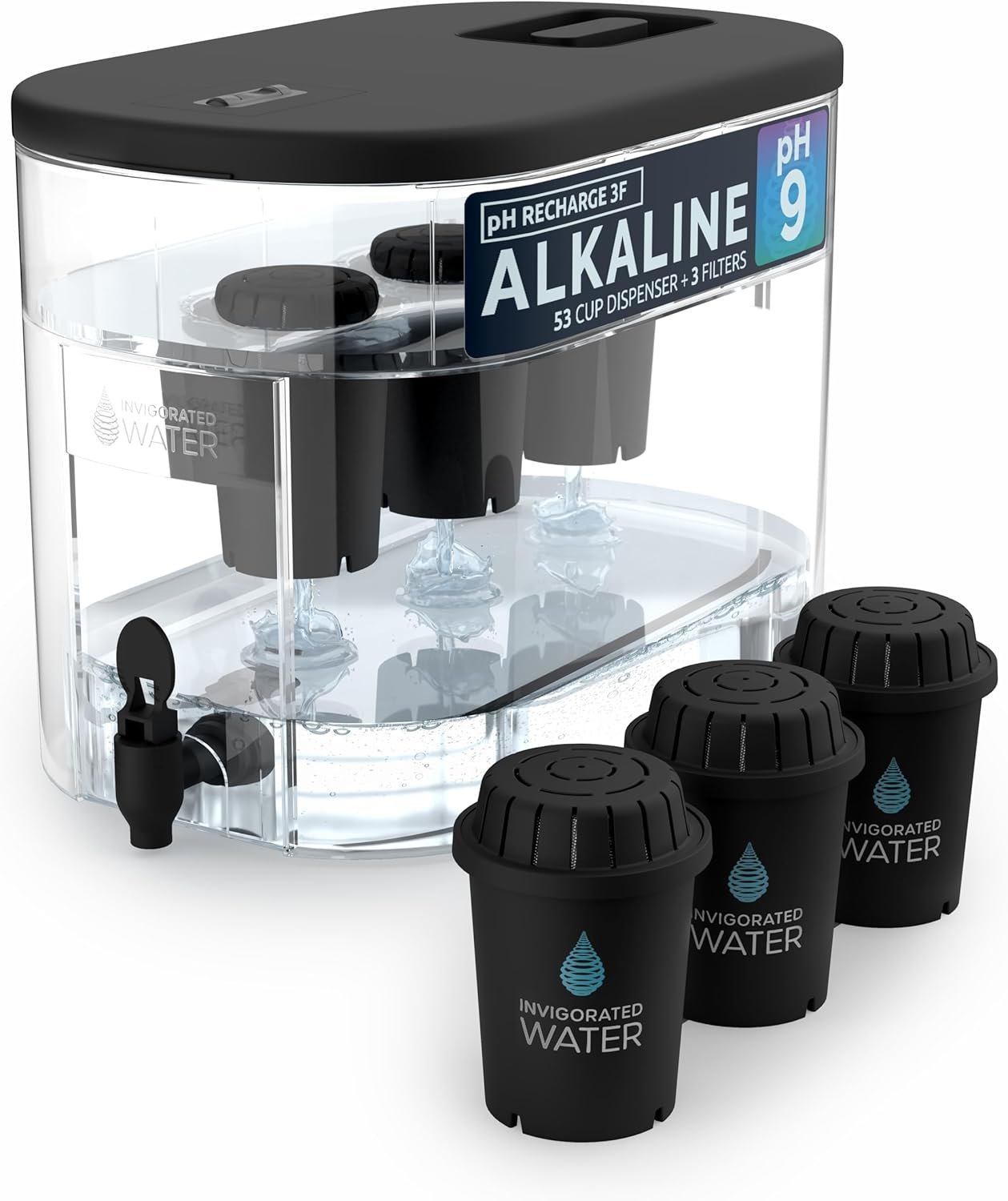 Invigorated Water – Alkaline Countertop Water Filter Dispenser, Large Cup Capacity, Mineralized Alkaline Water, BPA-Free, 96 Gallons/Filter (Black, 3 Filters Included)