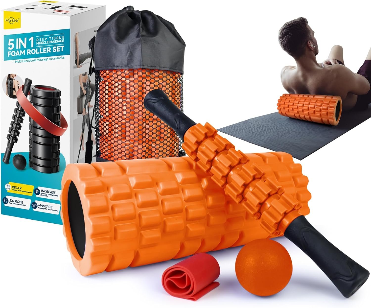 Krightlink 5 in 1 Foam Roller Set for Deep Tissue Muscle Massage, Trigger Point Fitness Exercise Foam Roller, Massage Roller, Massage Ball, Stretching Strap, for Whole Body (Orange Black)