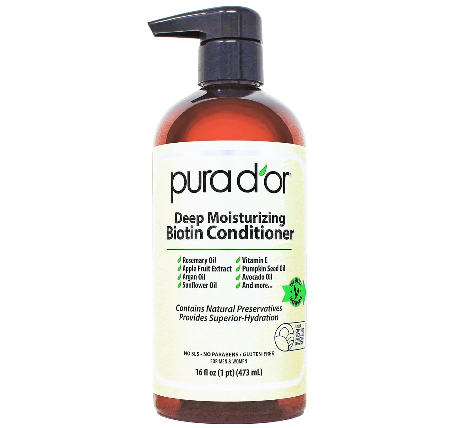 PURA D’OR Deep Moisturizing Biotin Hair Regrwoth Conditioner Thickens, Softens, & Moisturizes Dry, Frizzy, Damaged Hair w/Argan Oil, Pumpkin, Rosemary, Honeysuckle, Vitamin E, Men & Women, 16oz
