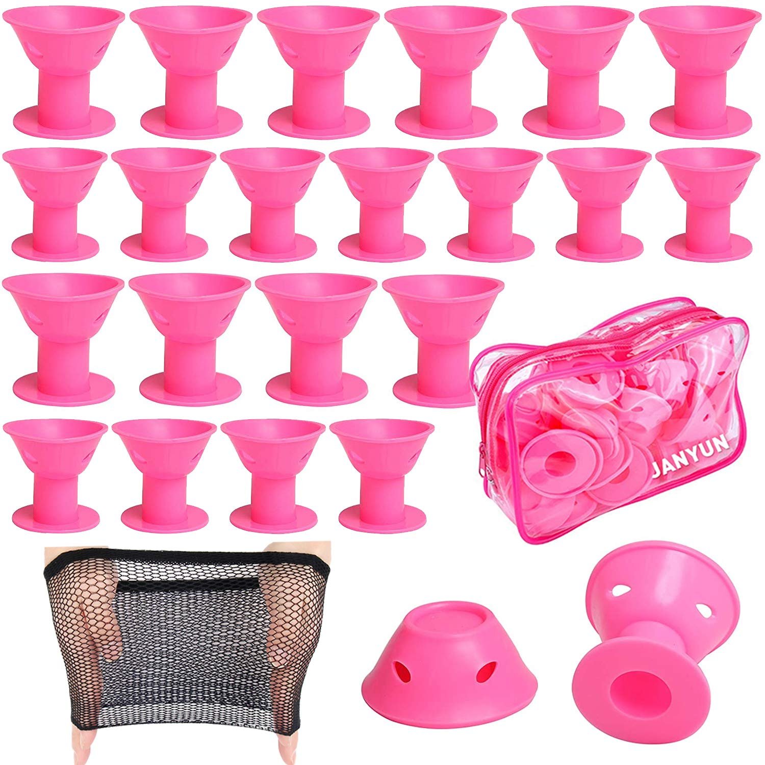 JANYUN 40 Pcs Pink Magic Hair Rollers Include 20pcs Large Silicone Curlers and 20pcs Small Silicone Curlers | Overnight Include 20pcs Large Silicone Curlers and 20pcs Small Curler for Short Long No Heat Sleep In Curlers Storage Bag
