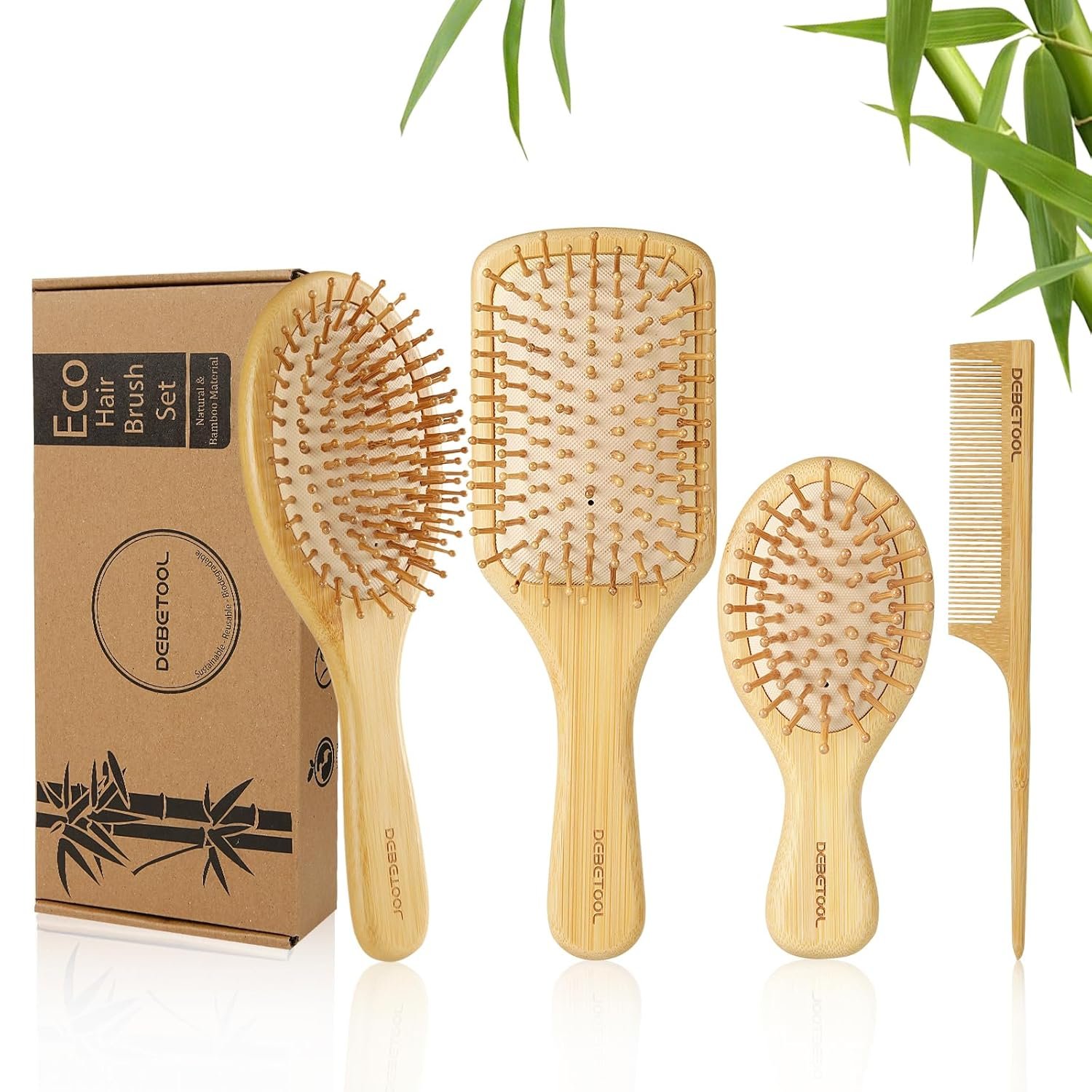 DEBETOOL Bamboo Hair Brush and Comb Set for Women Men and Kids,Natural Bamboo wood Wide-tooth brush and tail comb – Paddle Detangling Brush for Wet Dry Curly Hair