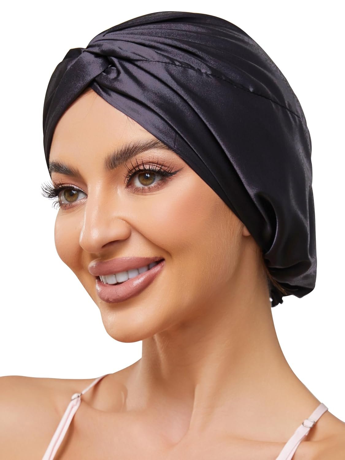 Adjustable Silk Satin Bonnet for Sleeping Hair Wrap, Double Layer Sleep Cap, Night Turban for Large Long Curly Braid Women Men Hair – Black