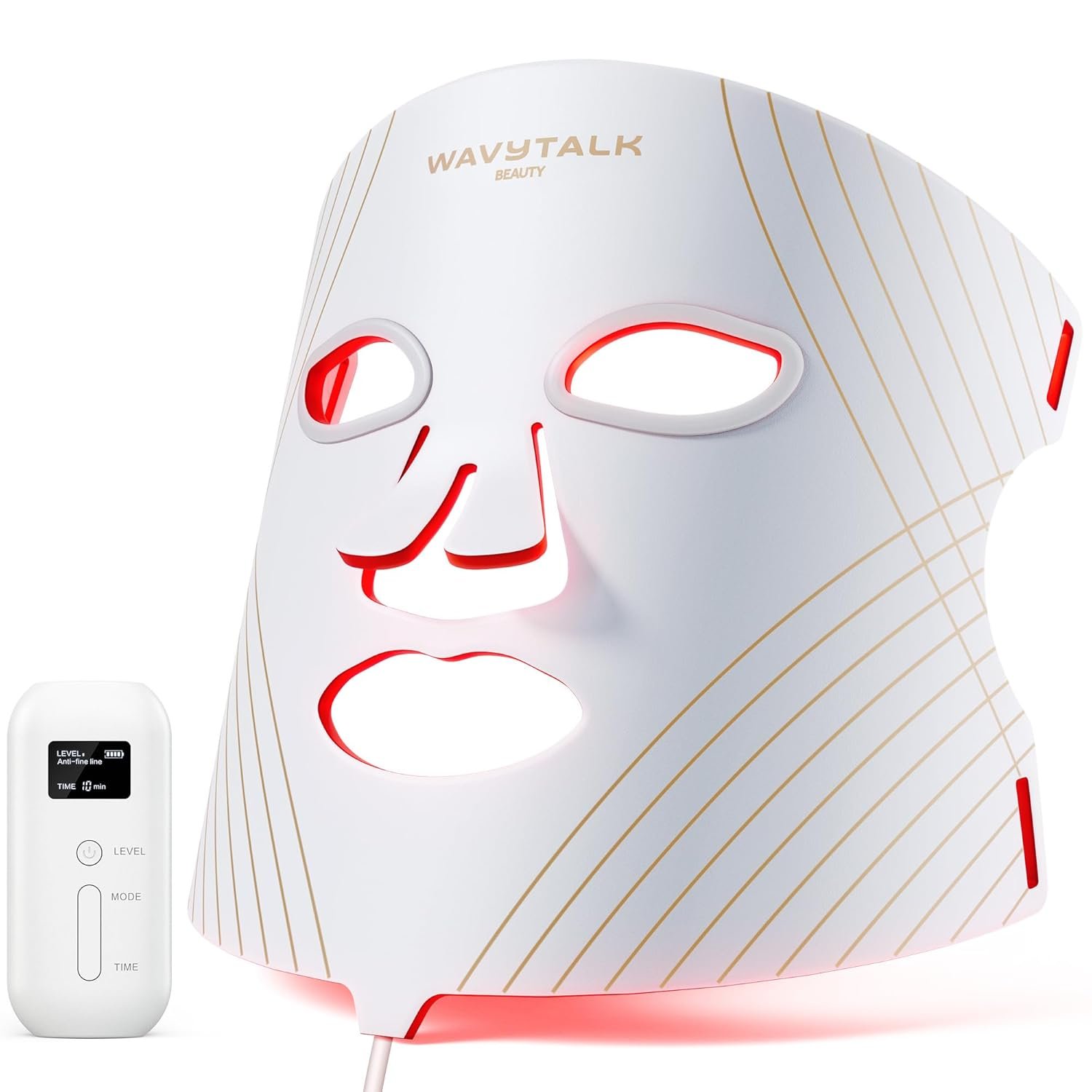 wavytalk Red Light Therapy Mask for Face, Glow Time LED Face Mask Light Therapy for Anti-Fine Line, Acne, Skin Rejuvenation with Red, Near-Infrared Light, Blue and Amber Light Therapy (White)