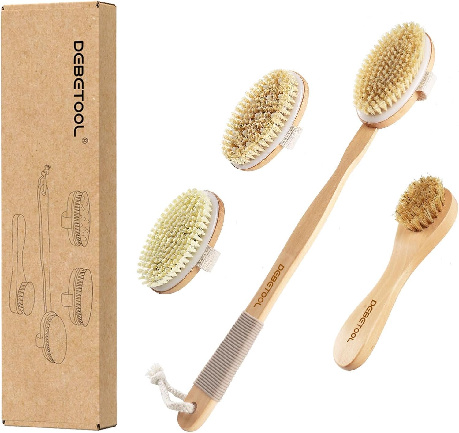 DEBETOOL Dry Brushing Set – Natural Boar Bristle Body & Face Brush, Wooden Long Handle Scrub Brush for Cellulite & Lymphatic Drainage Body Care, Detachable, 3 Brush Heads