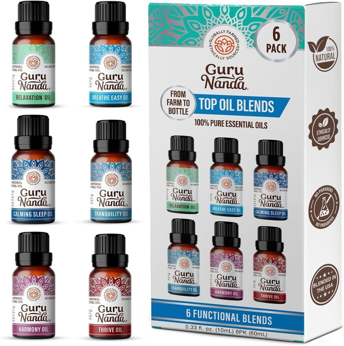 GuruNanda Essential Oil Blends – 6 Pack (10mL Each), Breathe Easy, Tranquility, Relaxation, Harmony, Calming Sleep & Thrive, Natural Aromatherapy Oils for Diffuser, Wellness & DIY