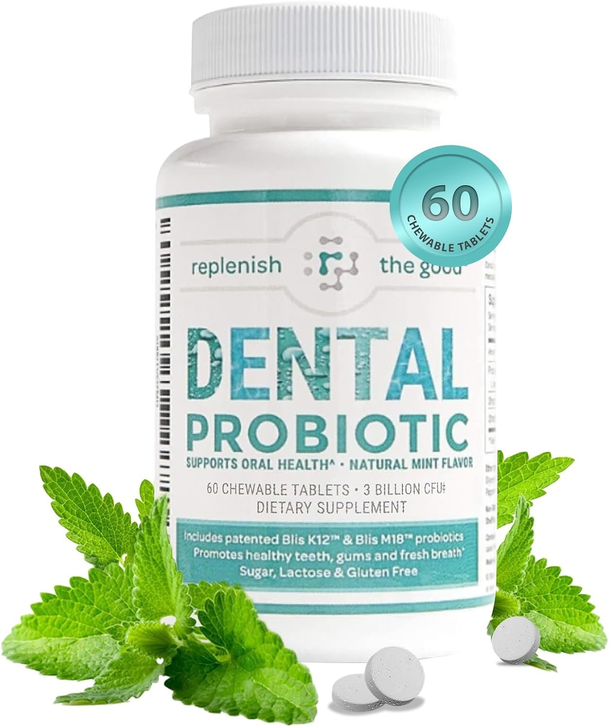 Dental Oral Probiotic, 60 Chewable Tablets – Supplements w/BLIS K12 & M18 – Bad Breath Treatment for Adults – Boosts Oral Health – Fights Halitosis, Tooth Decay, Strep Throat (Mint Flavor)