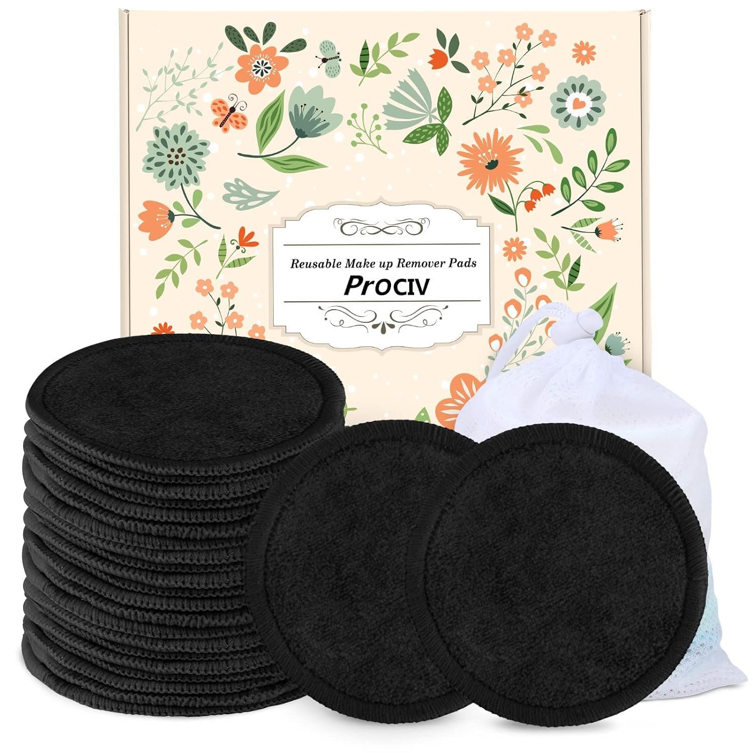ProCIV Reusable Makeup Remover Pads – 25 Pack Washable Organic Cotton Rounds for All Skin Types & Toner with Laundry Bag, Eco Friendly Zero Waste Reusable Cotton Pads Travel Gadgets (Black)