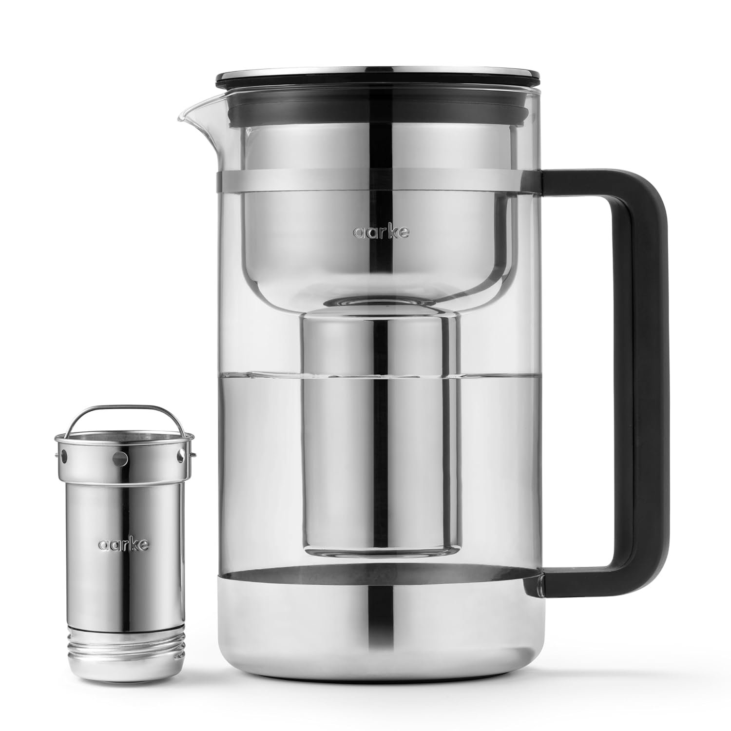 Aarke Purifier – Premium Glass and Stainless Steel Water Filter Pitcher, Refillable Filter System and Granules, 2.8L Pitcher with 1.66L Filtration Capacity