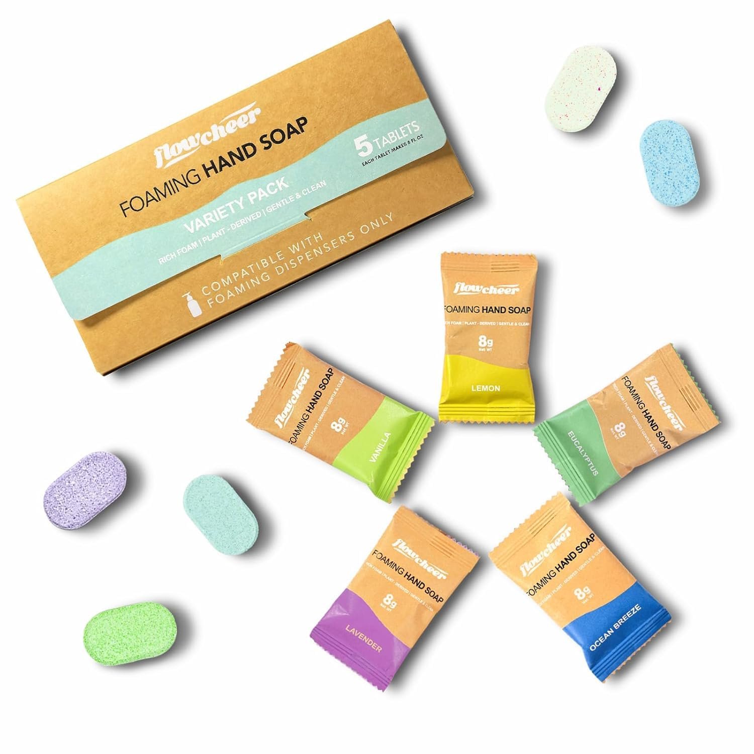flowcheer Foaming Hand Soap Tablet Refills-5 Sample Pack Hand Wash Tablets, Zero Waste Eco Friendly Cleaning Supplies-Fills 5 X 9 fl oz Refillable Foam Dispenser (45 Fl oz total)
