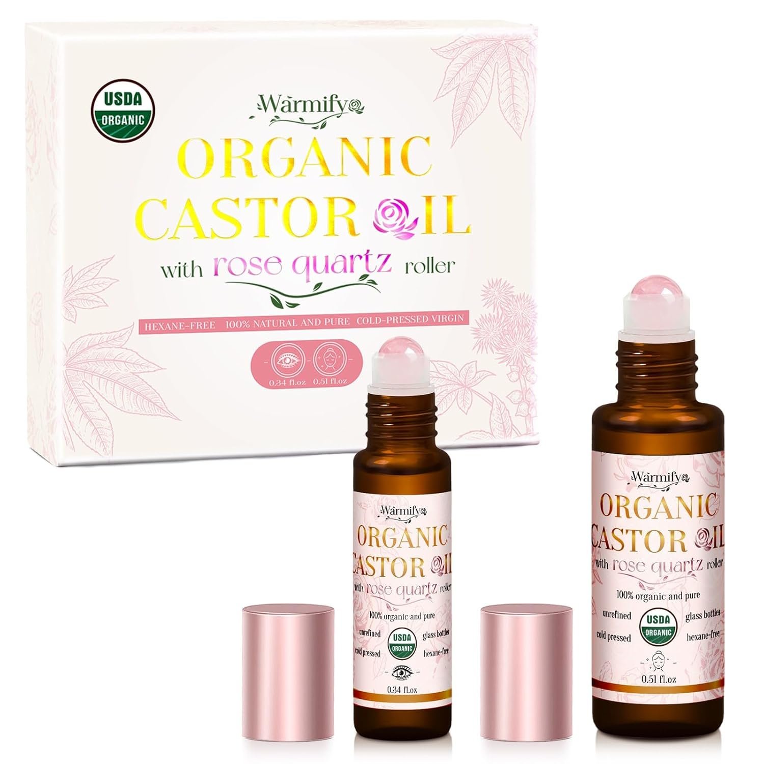 Organic Castor Oil with Real Rose Quartz Roll-On, 2 Pack for Face & Eyes — Lash & Brow Growth, Under Eye Care, Skin Moisturizing, Cold-Pressed, Hexane-Free, Beauty Self-Care Gifts for Women