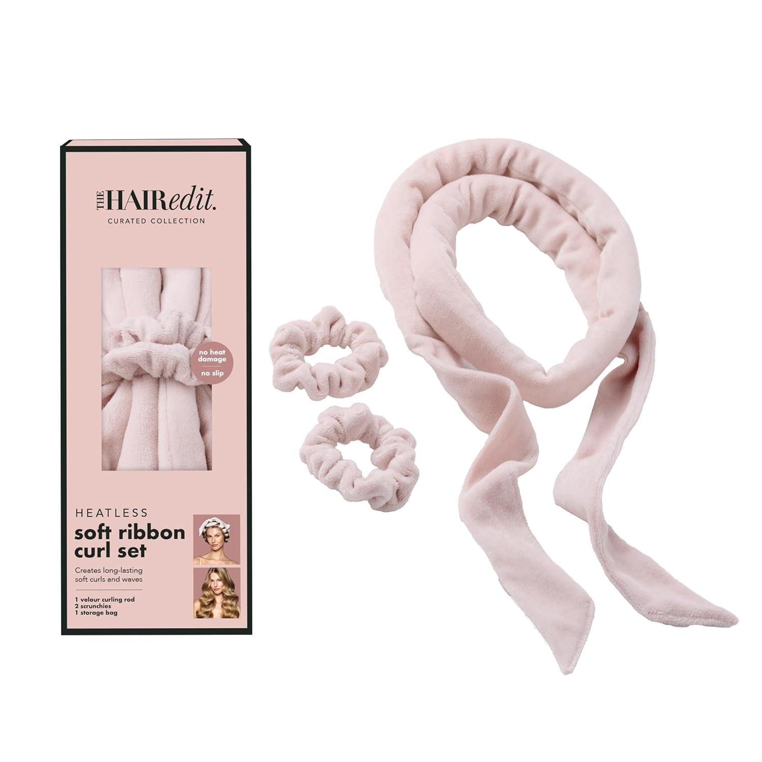 The Hair Edit Heatless Soft Ribbon Curl Set Heatless Curling Rod with 2 Velour Scrunchies for Overnight Curls, No Heat Hair Curler for Women, Damage Free Styling Tool For Long and Medium Hair 69″Long