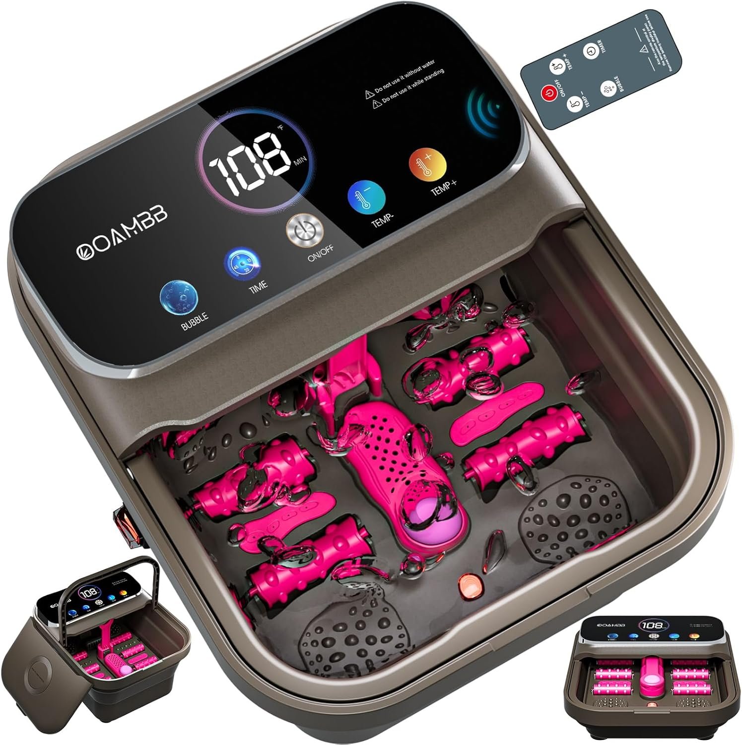OOAMBB Collapsible Foot Spa with Heat, Bubble,Temp Control,Remote Control, Color Touch Screen Foot Bath Massager with 6 Massage Rollers,Foot Soaking Tub,Pedicure Foot spa for Stress Relief (Deep Grey)