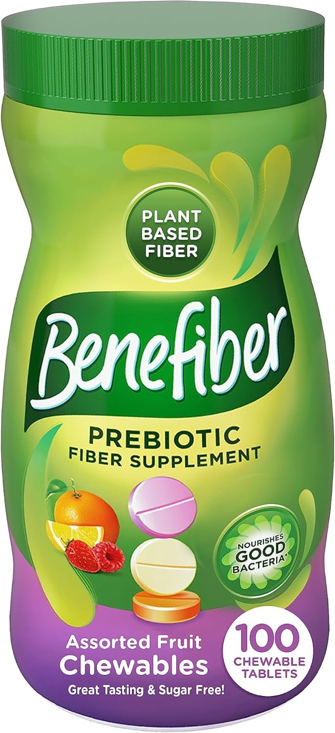 Benefiber Chewable Prebiotic GLP-1 Friendly Fiber Supplement Tablets for Digestive Health, Assorted Fruit Flavors – 100 Count