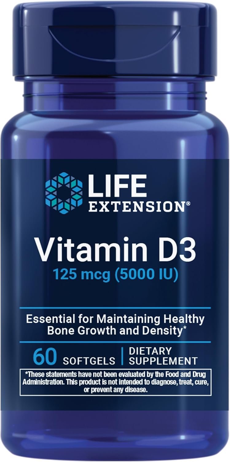 Life Extension Vitamin D3 125 mcg (5000 IU), Bone Health, Brain Performance, Immune System Support, Gluten-Free, Non-GMO, Once Daily, Two-Month Supply, 60 Softgels