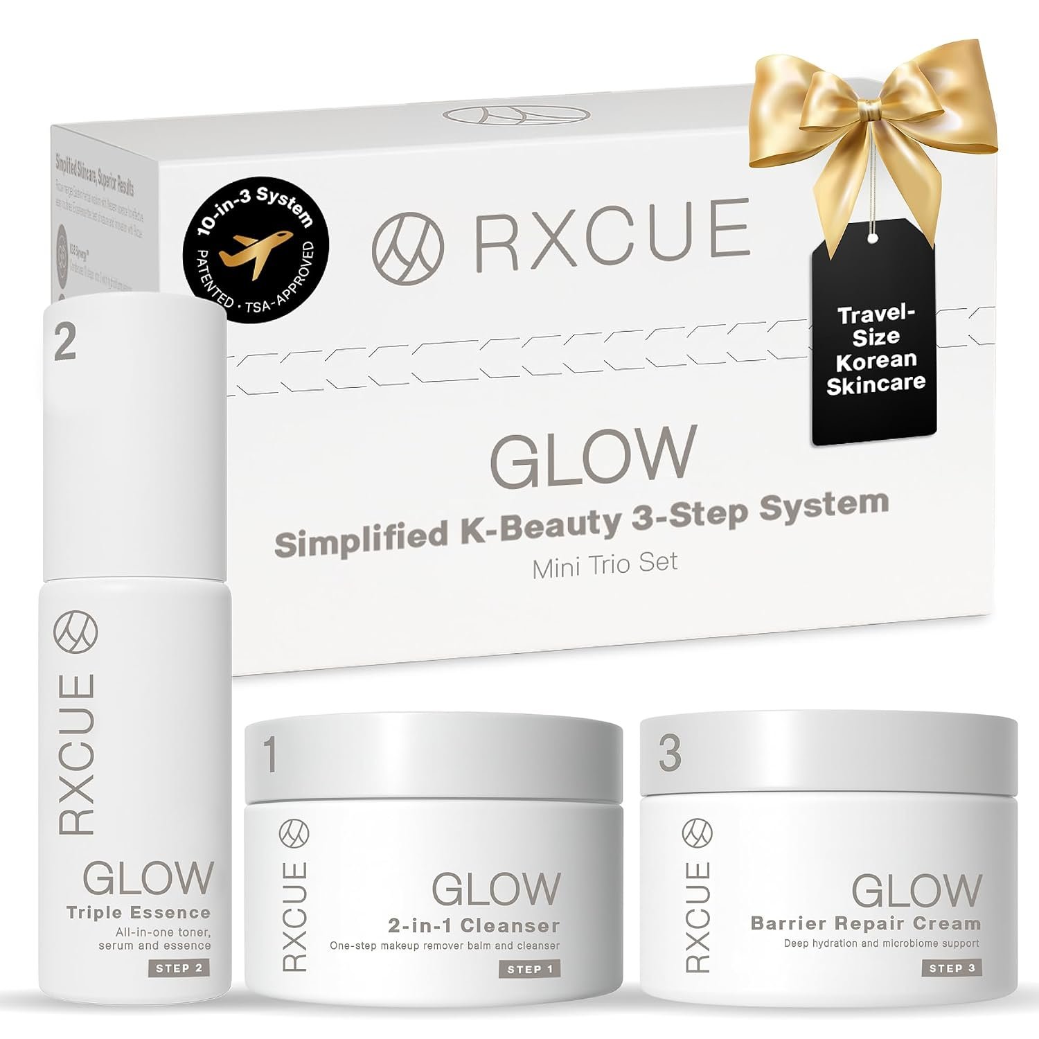 K Beauty Kit, 3 Steps Replace 10 Products – Korean Skin Care Set for Glass Skin, Rxcue Glow Patented 10-in-3 System™, TSA Approved Travel Size Cleanser + Essence + Cream, 1.01 fl oz ea