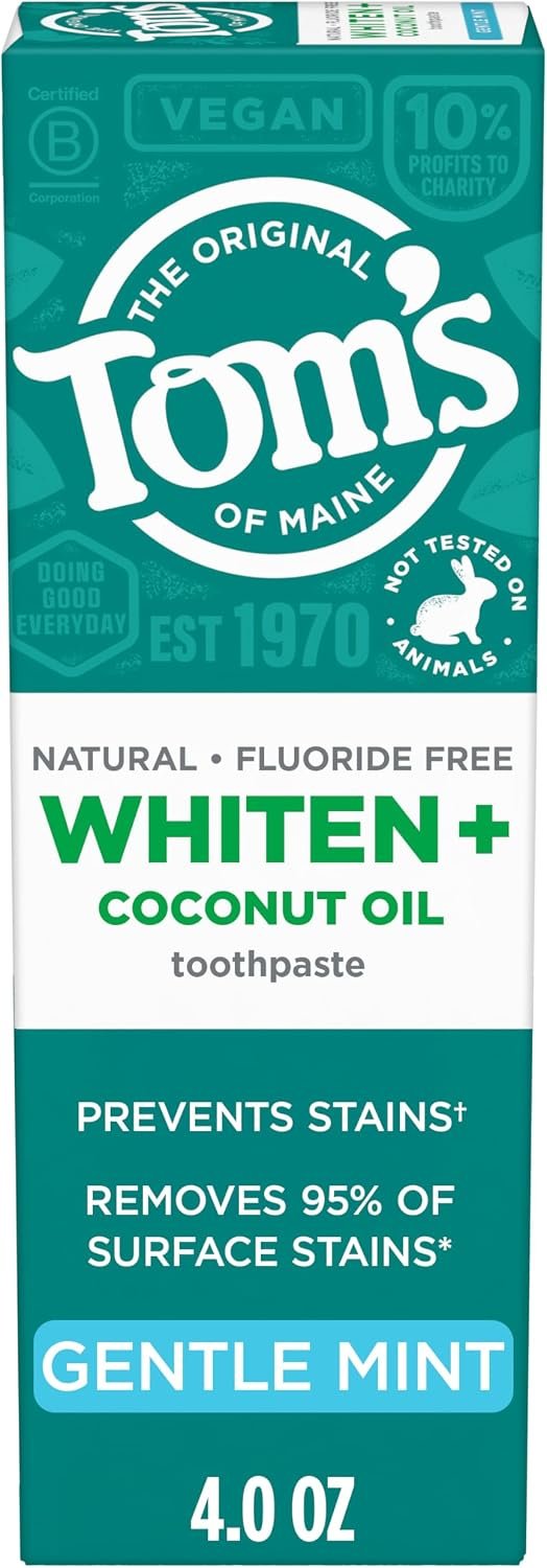 Tom’s of Maine Whiten Plus Coconut Oil Fluoride Free Toothpaste, Natural Whitening Toothpaste with Coconut Oil and Plant-Based Cleansers, Whitens Without Causing Sensitivity, Gentle Mint, 4.0 Oz