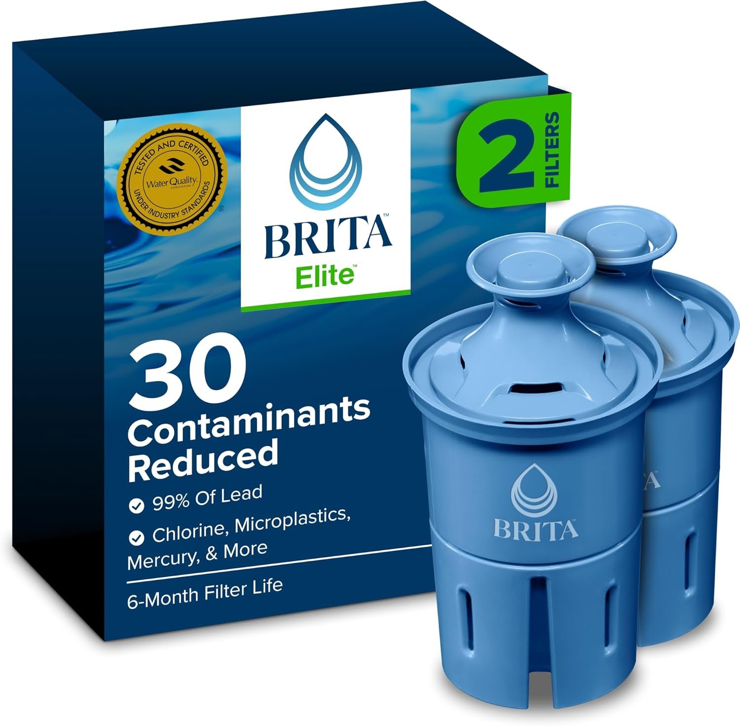 Brita Elite Water Filter Replacements for Pitchers and Dispensers, BPA-Free, Reduces 99% of Lead, Lasts Six Months or 120 Gallons, Includes 2 Pitcher Replacement Filters