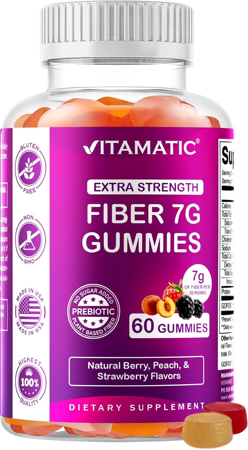 Vitamatic Prebiotic Fiber Gummies for Adults – 7g Fiber per Serving – 60 Pectin-Based Gummies Extra Strength, Zero Sugar Added – Supports Digestive Health & Regularity – Non-GMO, Vegan, Gluten-Free