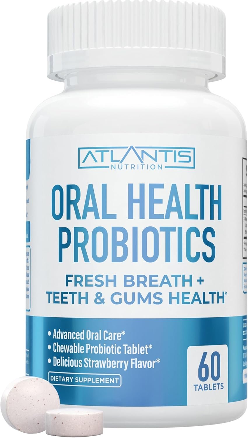 Atlantis Nutrition Oral Probiotics Chewable Tablet – Dental Probiotic for Gum Care & Teeth Care – Bad Breath Treatment for Adults – 3 Billion CFU Probiotic Blend/Tablet – Strawberry Flavor- 60 Tablets