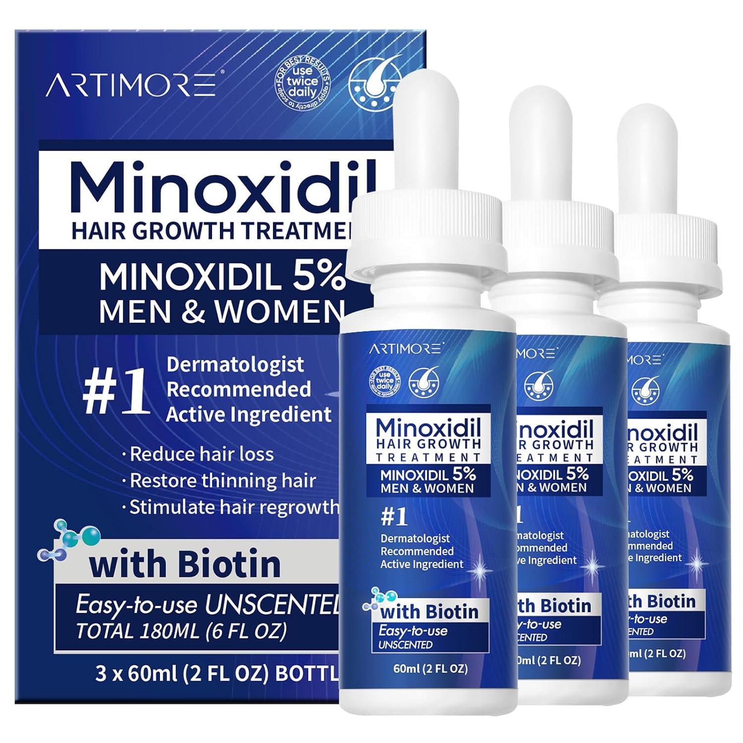 5% Minoxidil Hair Growth Serum for Men & Women with Biotin: Minoxidil for Men and Women, 5 Percent, Hair Regrowth Treatment, Extra Strength (6 FL OZ, Dropper 3pcs)