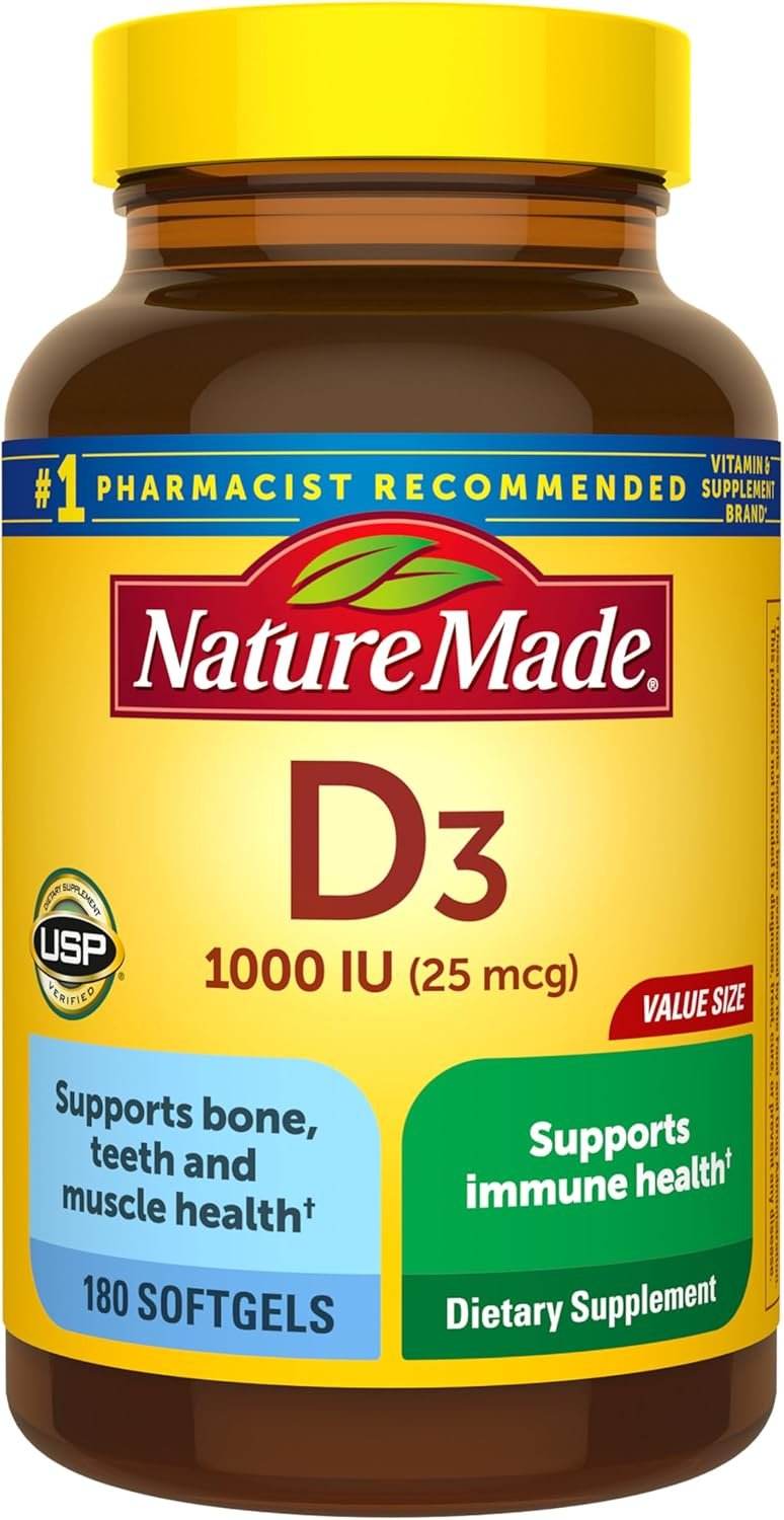 Nature Made Vitamin D3 1000 IU (25 mcg), Vitamin D Supplement for Bone, Muscle and Immune Health Support, 180 Softgels