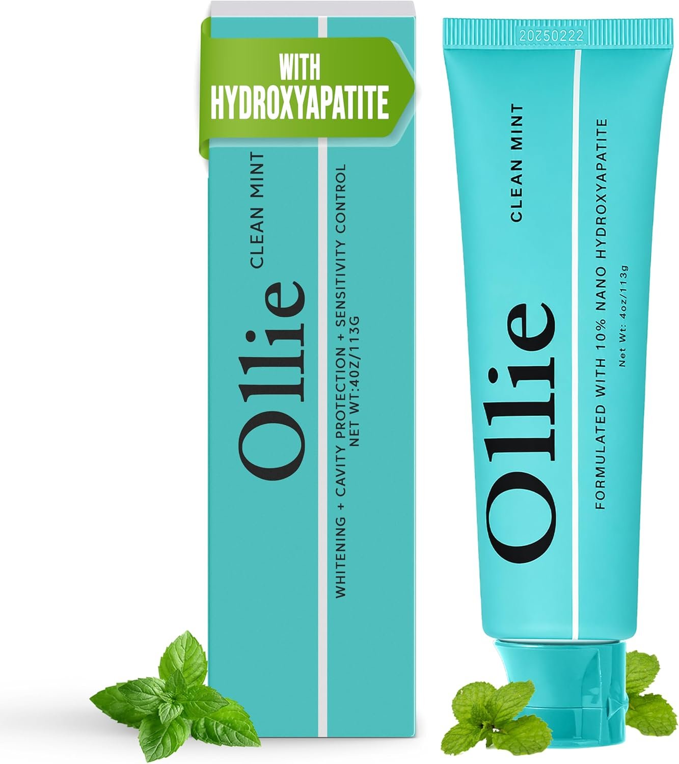 Ollie Fluoride Free 10% Nano Hydroxyapatite Toothpaste for Remineralizing Enamel, Sensitive Teeth & Whitening, Clean Mint 4oz (Pack of 1)