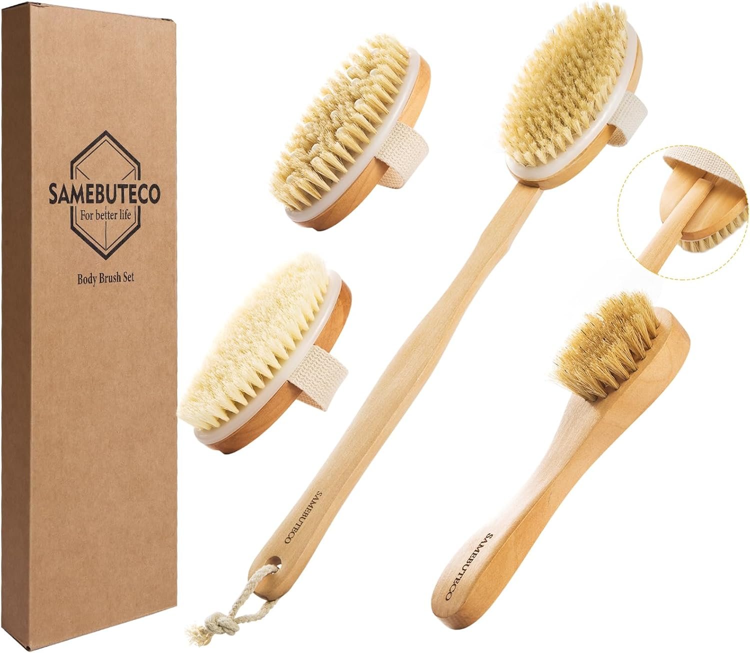 SAMEBUTECO Dry Brushing Body Brush Set with Slide-in Long Handle, 4-in-1 Wooden Bath Scrubber with Face Brush & 3 Interchangeable Heads (Boar Bristle, Soft Washer, Nodal Massager) for Exfoliating