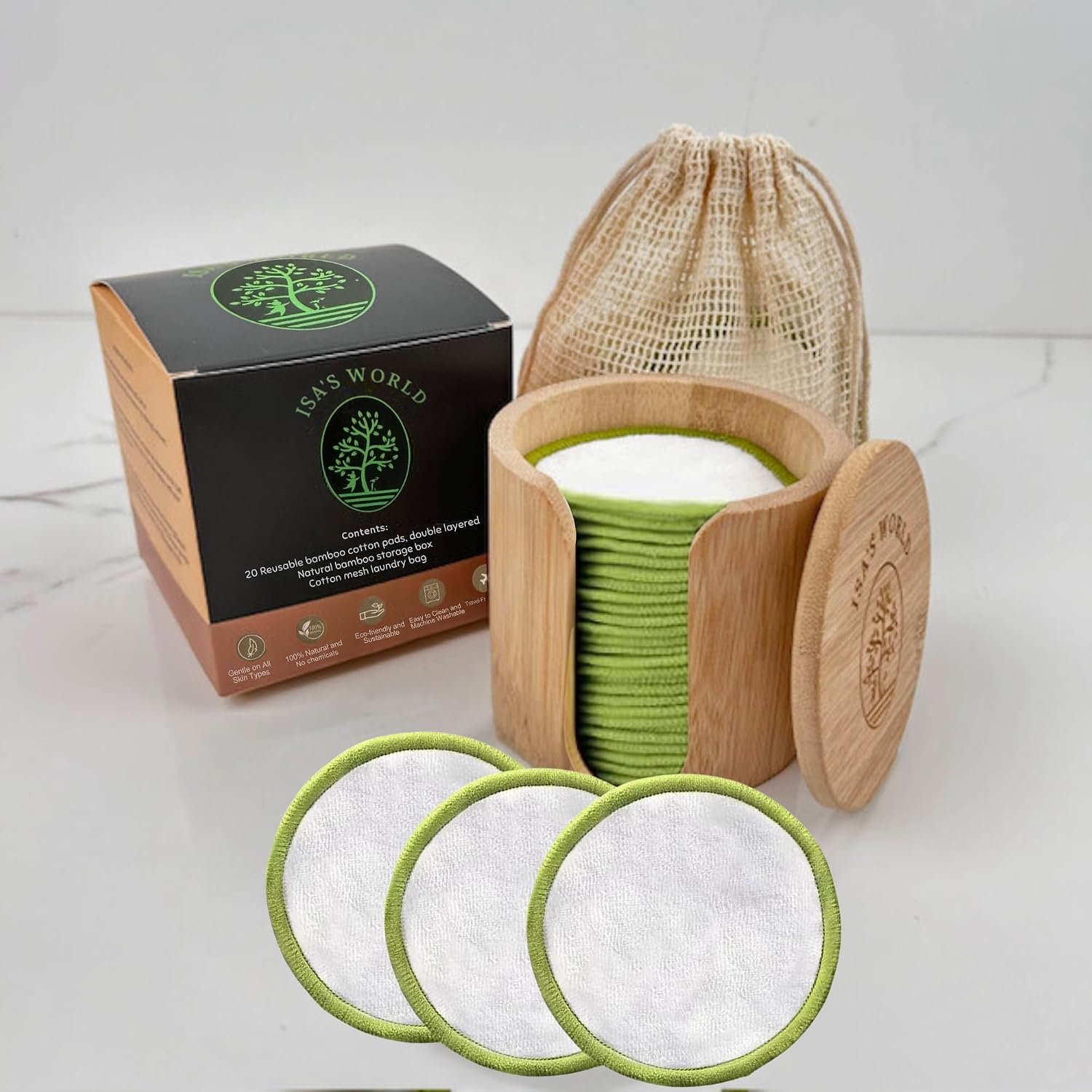 ISA’S World Reusable Makeup Remover Bamboo Cotton Pads (20 Pack) Includes Washable Cotton Laundry Bag + Bamboo Storage Jar – Organic Bamboo Cotton Rounds – Cleansing Facial Pads – for All Skin Types.