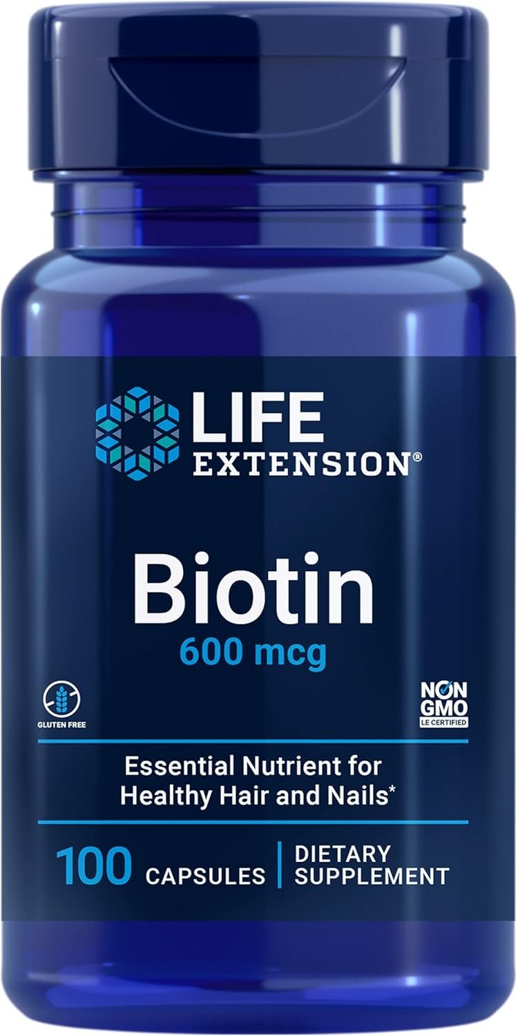 Life Extension Biotin 600 mcg Vitamin B7 Support Supplement for Beautiful Hair, Nails & Beyond – Gluten-Free, Non-GMO – 100 Capsules