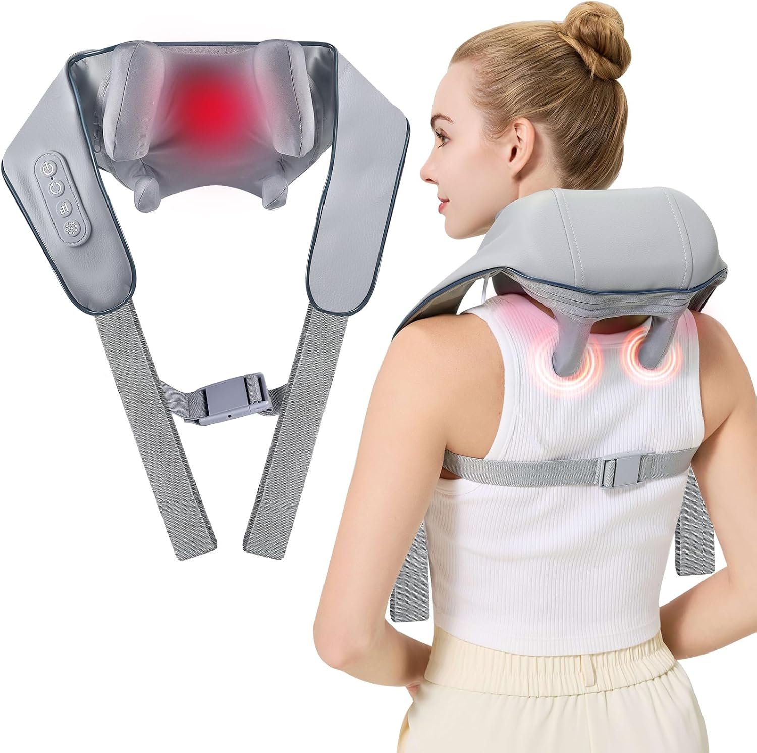 4D Wireless Deep Tissue Kneading Neck Massager with Heating Function, Shiatsu and Shoulder Massager Pillow,Back and Leg Pain Relief, Body Muscle Pain Relief, Perfect Gifts for Men Women. (Grey)