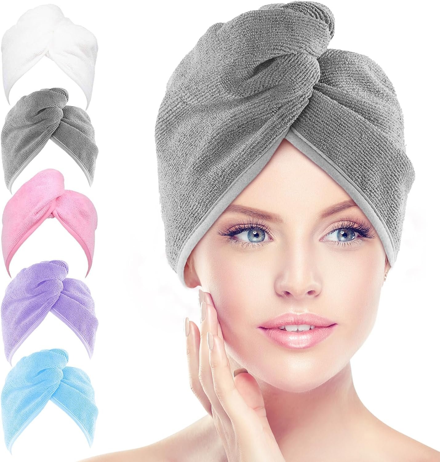 AIDEA Microfiber Hair Towel Wrap, 5 Pack Turbans, Super Absorbent Quick Dry for All Hair Types, Anti-Frizz Accessories for Women, 26″10″